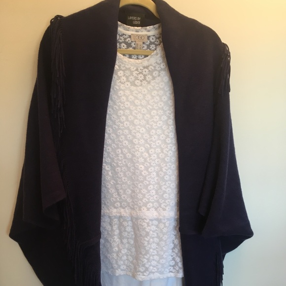 Soft Navy Blue Wrap with fringe, one size - Picture 2 of 6